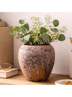 Handcrafted Vintage Ceramic Vase With Abstract Design Textured Matte Finish 6" T